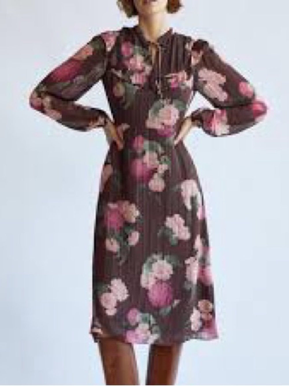 Aritzia Wilfred Mia Ruffled Floral V-Neck Midi Dress Long Sleeve Size 4